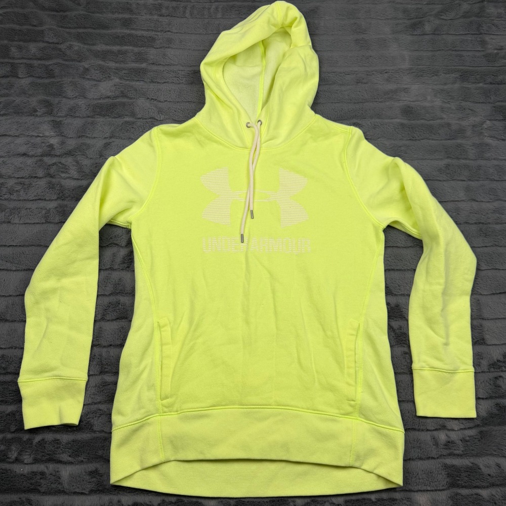 Under Armour Women Neon Yellow Big Logo Rival Fleece Hoodie Sweatshirt SM Loose
